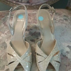 STUART WEITZMAN Croc-Embossed Nude Slingback Heels, 9 Narrow